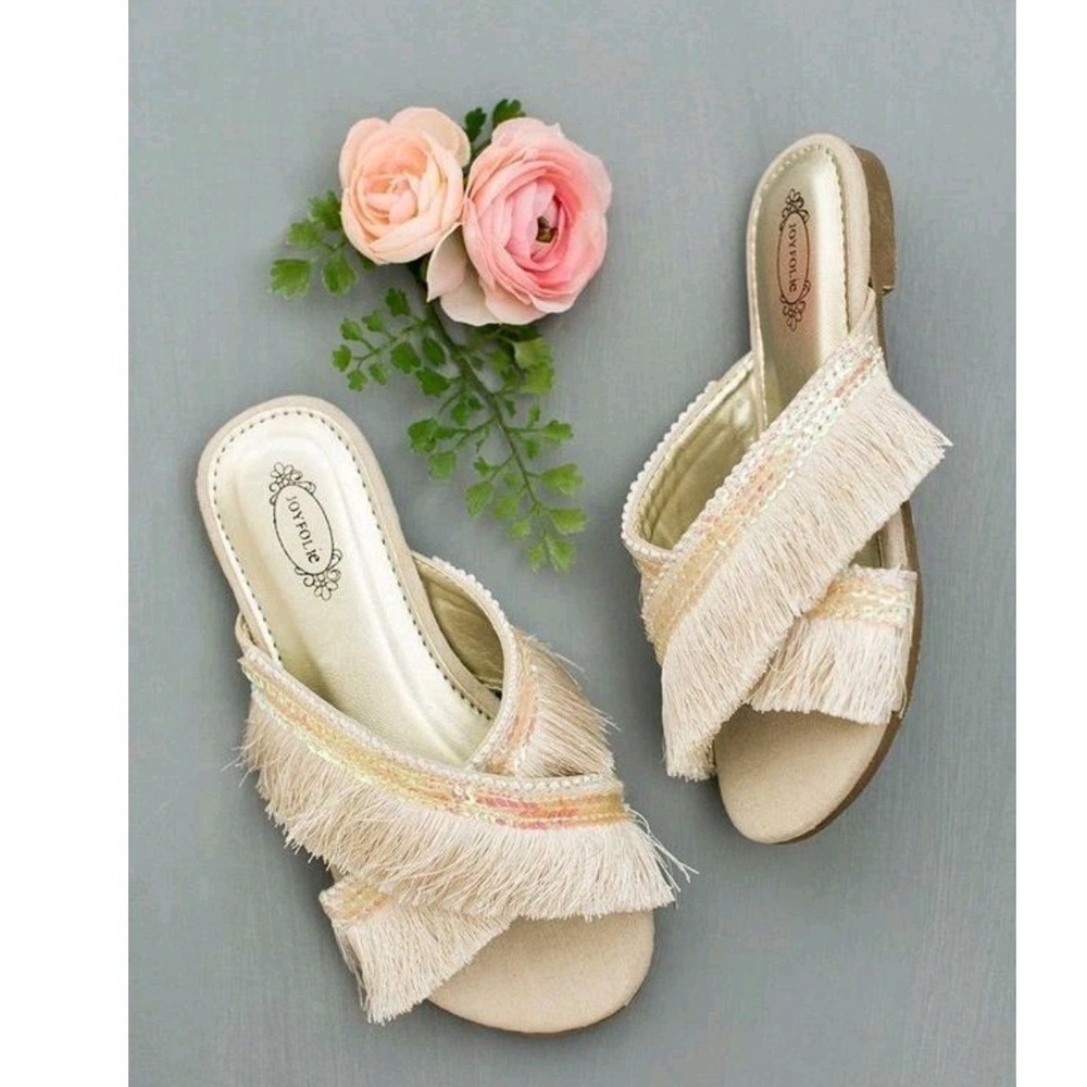 JOYFOLIE Deandra Cream Fringe Sequin Embellished Slip On Sandals Size 6 NEW